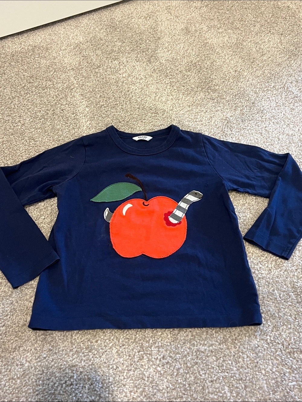 Baby Boden Navy Long-Sleeve Tee with Red Apple and Worm 3-4 years